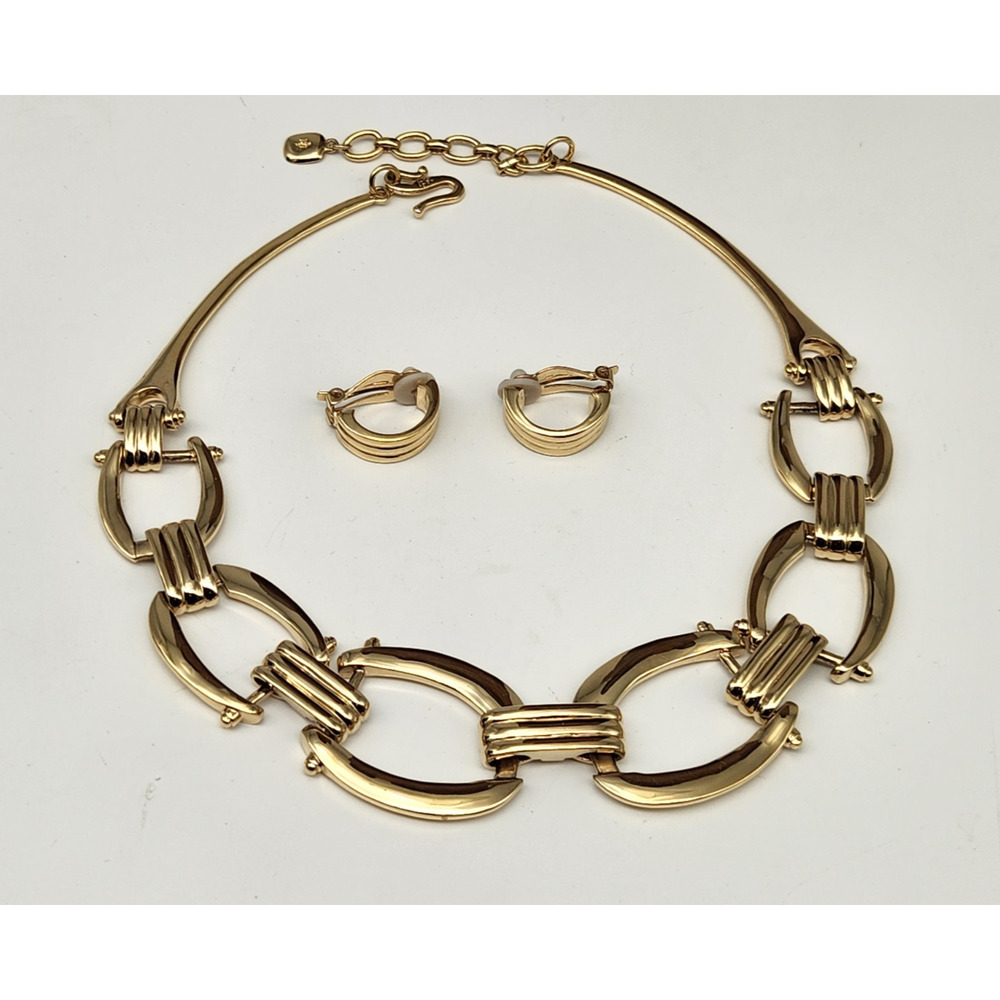 Ralph Lauren Classic Buckle Link Chunky Collar Necklace/Earrings Gold Tone 18"